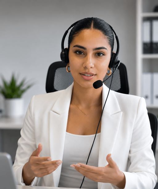 The interviewer, in a headset, asking a question